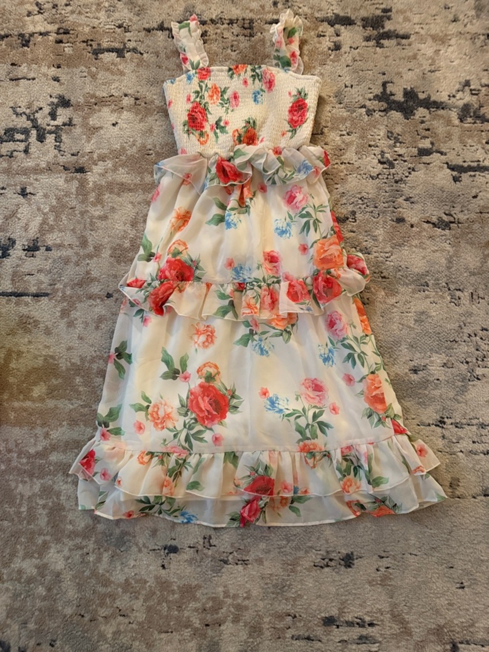 Girls Floral Ruffle Sundress - White with Pink & Orange Roses size 8